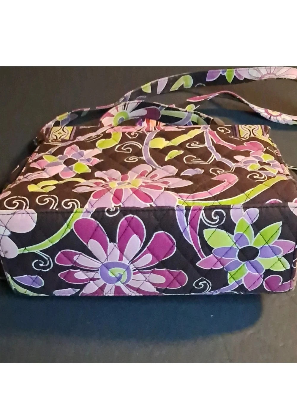 Vera Bradley Floral Brown Quilt Purple Green Shoulder Bag Turn Lock Zip, Pockets